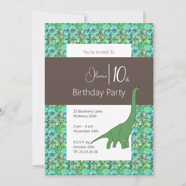 illusima Long Neck Dinosaur Brown 10th Birthday Invitation (Front)