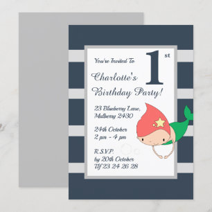 illusima Mermaid Blue Stripy Girls Birthday Party  Invitation