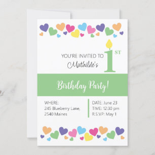 illusima Rainbow Love Hearts, Green 1st Birthday Invitation