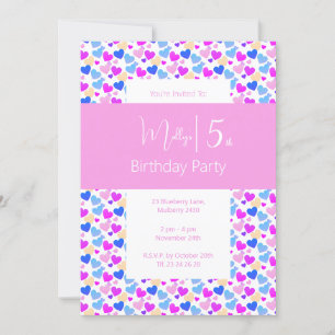 illusima Rainbow Love Hearts Pink 5th Birthday Invitation