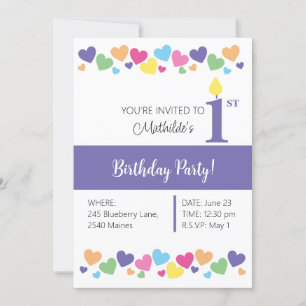 illusima Rainbow Love Hearts, Purple 1st Birthday Invitation