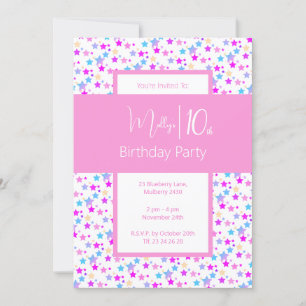 illusima Rainbow Stars Pink Girls 10th Birthday Invitation
