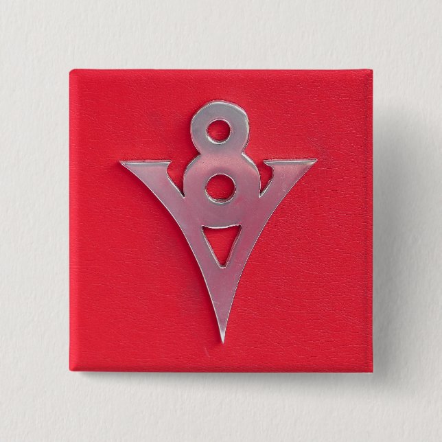 Illusion Chrome V8 Emblem on Red Leather 2 Inch Square Button (Front)