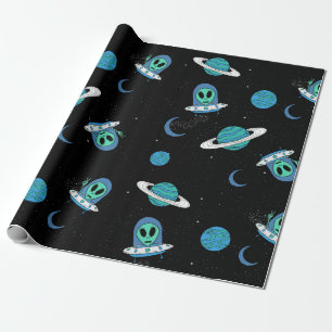 Illustrated Alien UFO Wrapping paper
