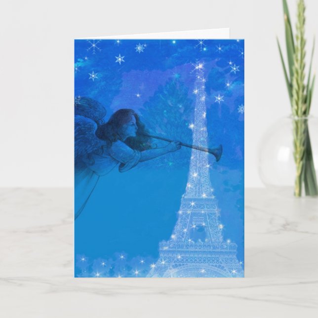 illustrated angel over paris nocturne holiday card (Front)