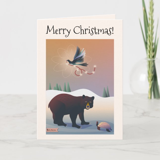 Illustrated bear, magpie, turtle holiday snow card (Front)