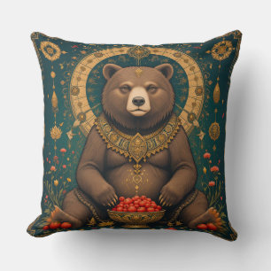 Illustrated Bear with Ornamental Design Throw Pillow