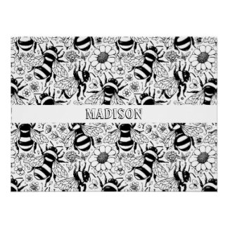 Illustrated Bee Pattern Personalized Colouring Poster