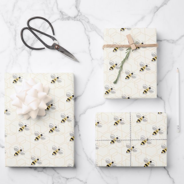 Illustrated Bees Yellow Black Insect Animal Wrapping Paper Sheet (Front)