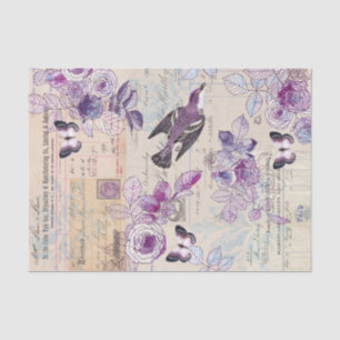 Illustrated Bird with Flowers in Purple Collage Tissue Paper
