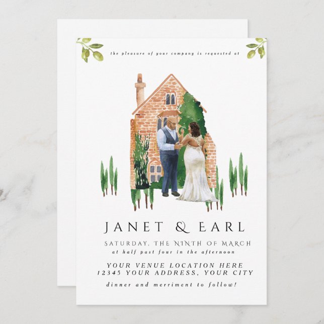 Illustrated Black Couple Wedding Invitations (Front/Back)