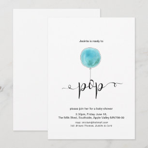 Illustrated Blue Balloon Ready to Pop Baby Shower Invitation