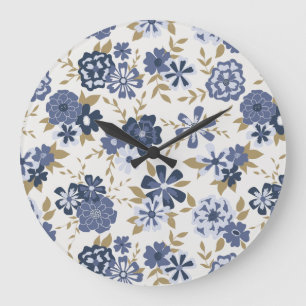Illustrated Blue Simple Flowers Vines Botanical Large Clock