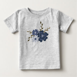  Illustrated Blue Vector Flowers Vines Botanical Baby T-Shirt
