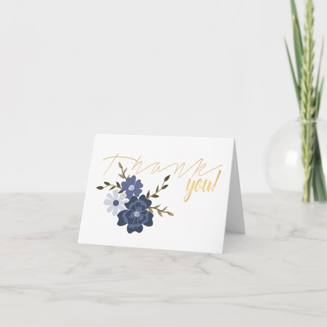 Illustrated Blue Vector Flowers Vines Thank You Card (Front)