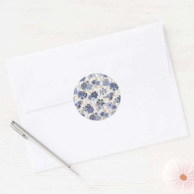 Illustrated Blue Vine Flowers Botanical Classic Round Sticker (Envelope)