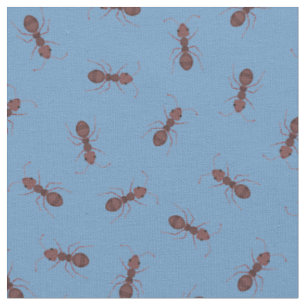 Illustrated Brown Ants on Blue Fabric