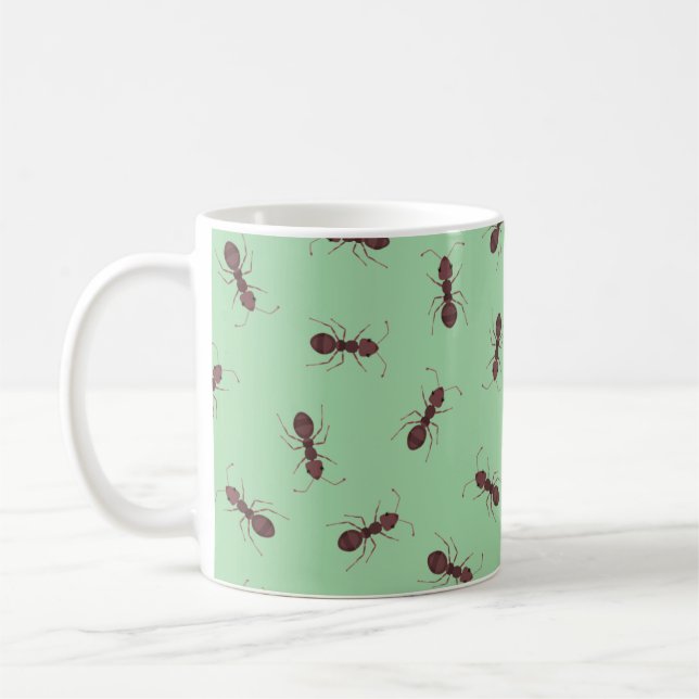 Illustrated Brown Ants on Green Coffee Mug (Left)