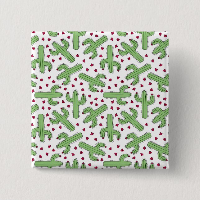Illustrated Cactus & Pink Flowers Pattern 2 Inch Square Button (Front)