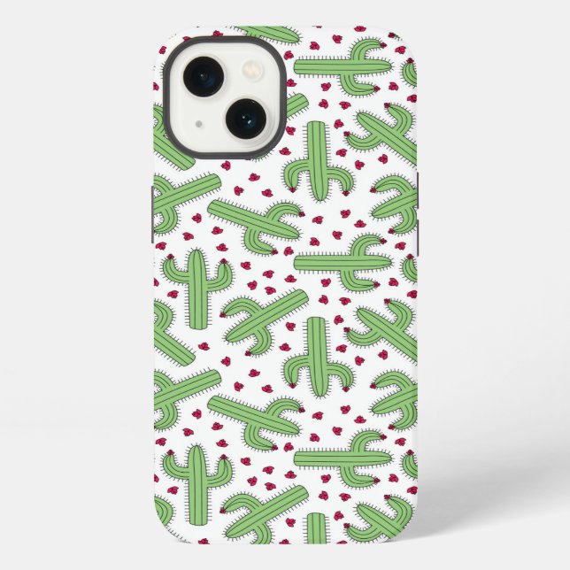 Illustrated Cactus & Pink Flowers Pattern iPhone Case (Back)