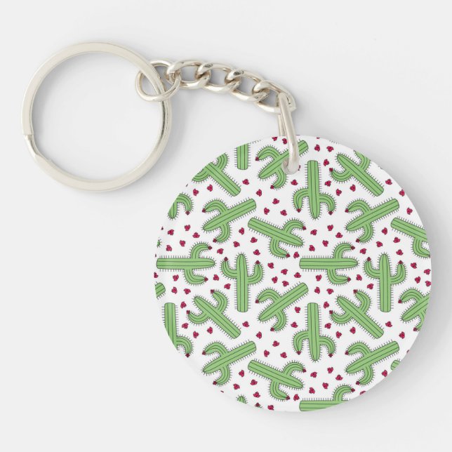 Illustrated Cactus & Pink Flowers Pattern Keychain (Front)