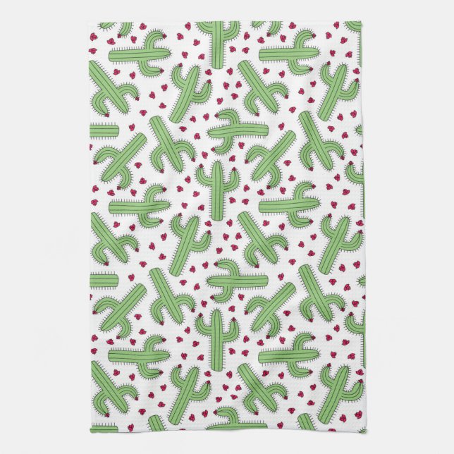 Illustrated Cactus & Pink Flowers Pattern Kitchen Towel (Vertical)