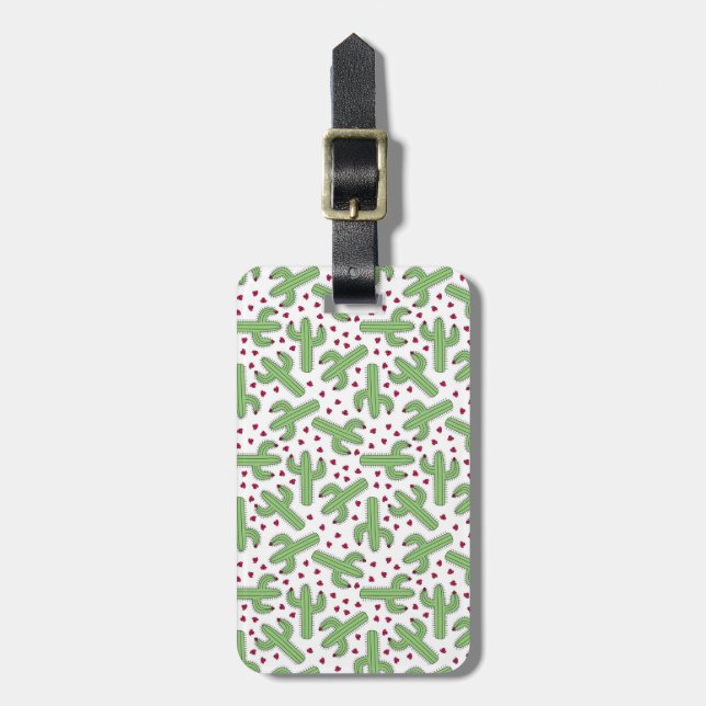 Illustrated Cactus & Pink Flowers Pattern Luggage Tag (Front Vertical)