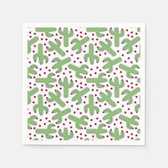 Illustrated Cactus & Pink Flowers Pattern Napkin (Front)