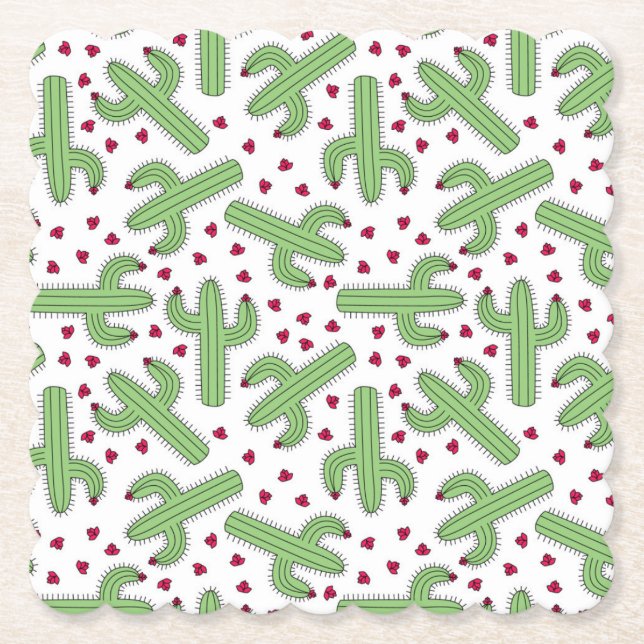 Illustrated Cactus & Pink Flowers Pattern Paper Coaster (Front)