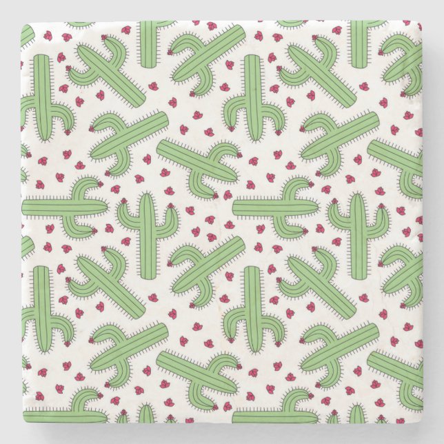 Illustrated Cactus & Pink Flowers Pattern Stone Coaster (Front)