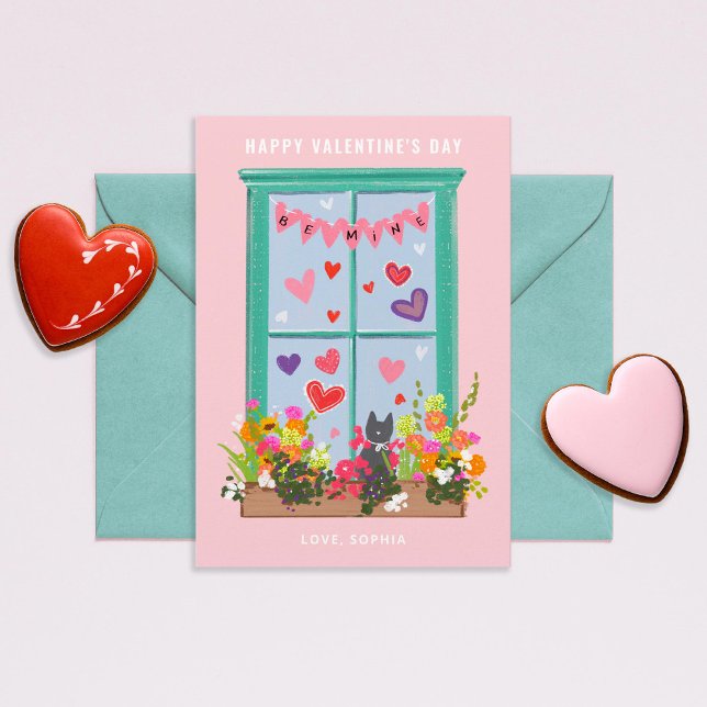 Illustrated Cat in Window Valentine Classroom Invitation (Creator Uploaded)