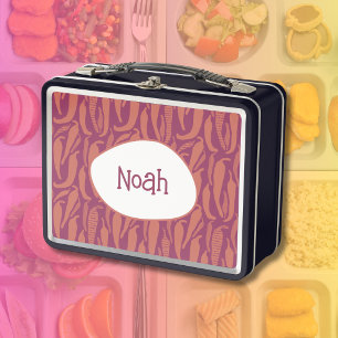 Illustrated Chili Pepper Pattern with Kids Name Metal Lunch Box