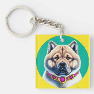 Illustrated Chow Chow Dog with Decorative Collar Keychain