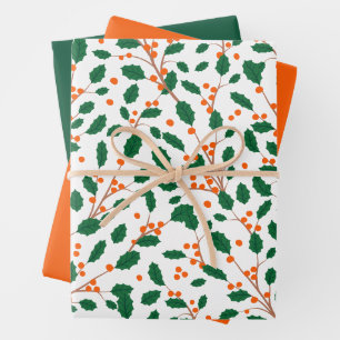 Illustrated Christmas Holly Red & Green Wrapping Wrapping Paper Sheet