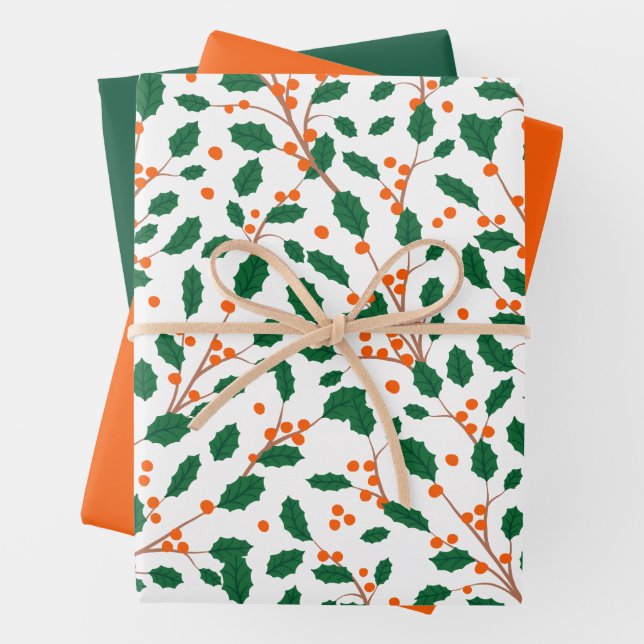 Illustrated Christmas Holly Red & Green Wrapping Wrapping Paper Sheet (In situ)