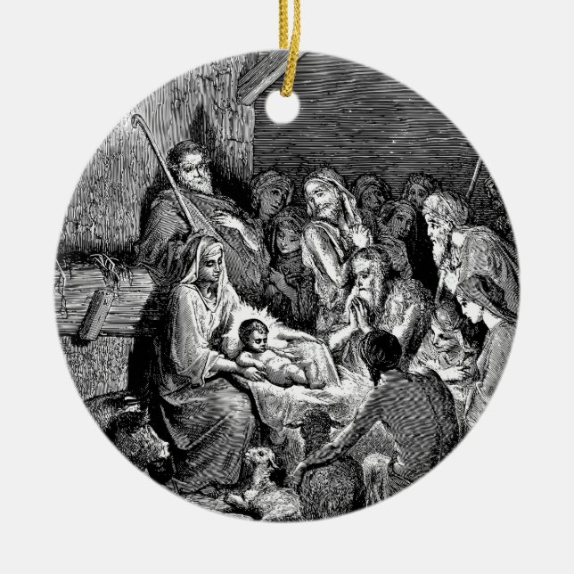 Illustrated Christmas Nativity Scene Ceramic Ornament (Front)
