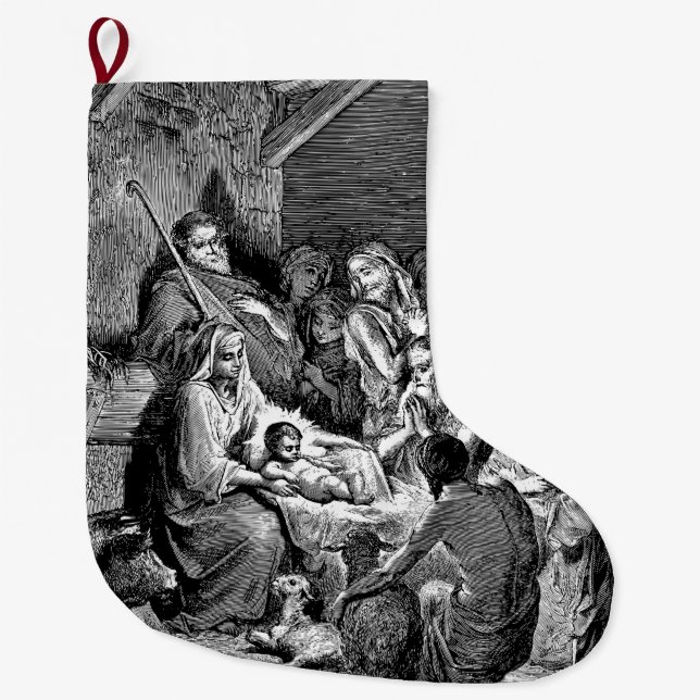 Illustrated Christmas Nativity Scene Large Christmas Stocking (Front)