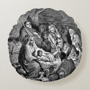 Illustrated Christmas Nativity Scene Round Pillow