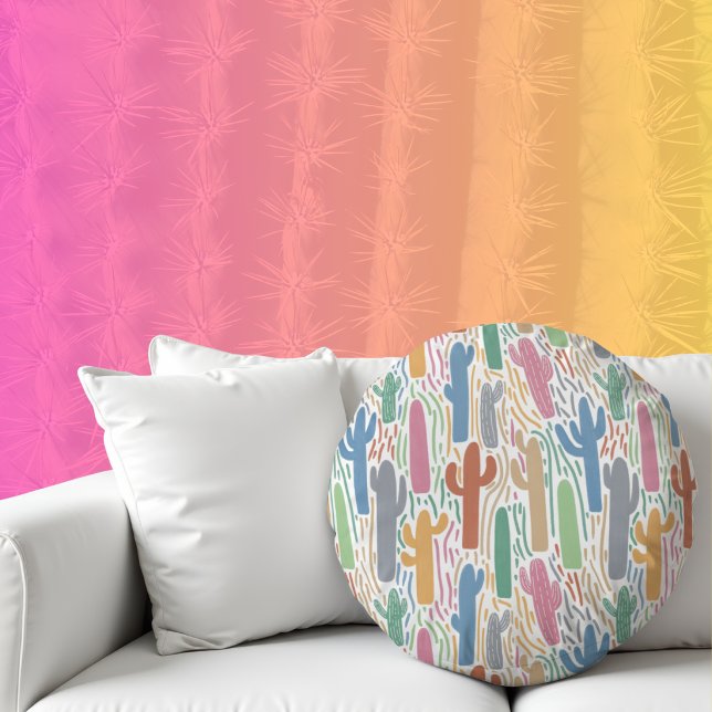Illustrated Colourful Saguaro Cactus Pattern Round Pillow (Creator Uploaded)
