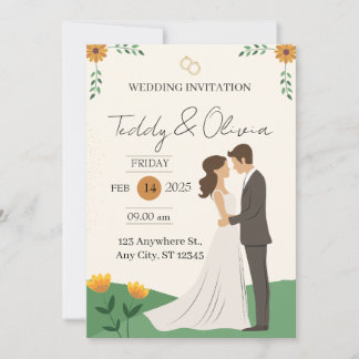 Illustrated Couple Floral Wedding Invitation Card