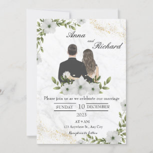Illustrated Couple & White Florals Invitation