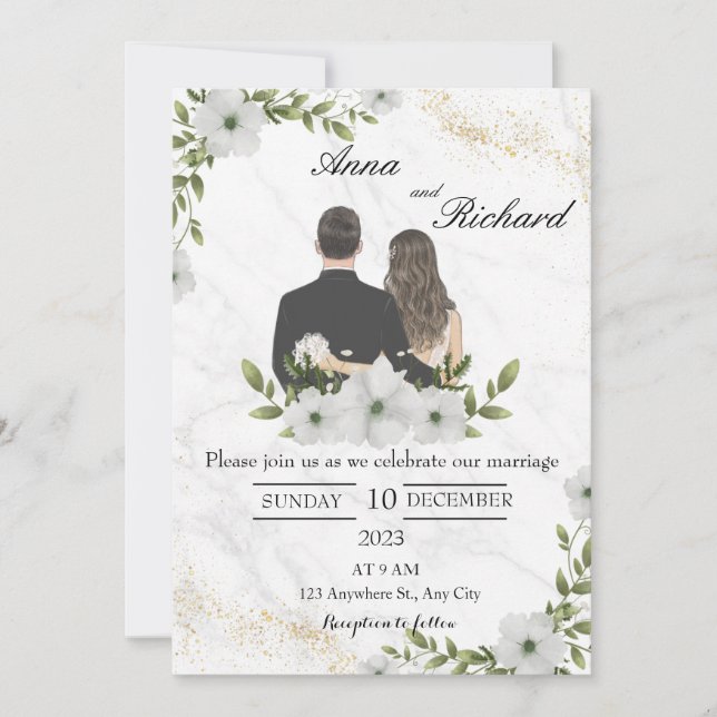 Illustrated Couple & White Florals Save The Date (Front)