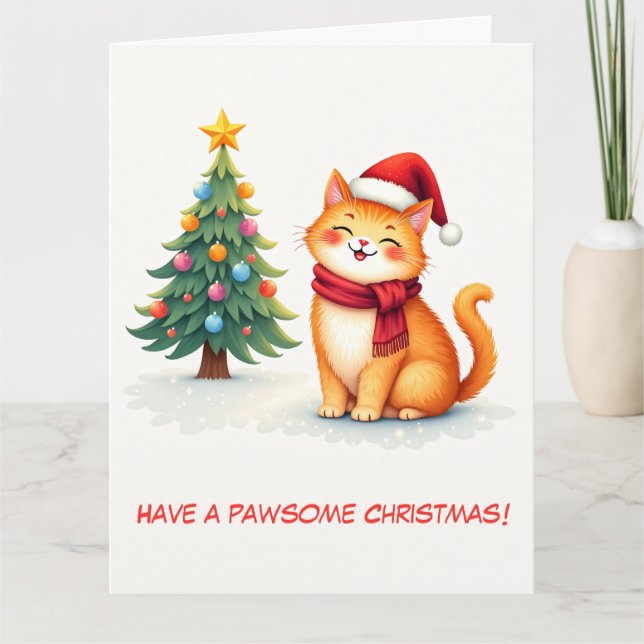 Illustrated Cute Orange Cat and Christmas Tree Card (Front)