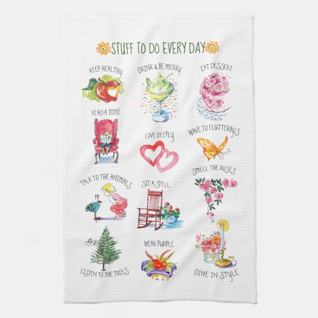 Illustrated Cute Stuff to Do Kitchen Towel (Vertical)