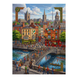 Illustrated Dublin Cityscape & Ha'penny Bridge Pre Poster