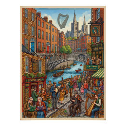 Illustrated Dublin Street Life & Celtic Heritage P Poster