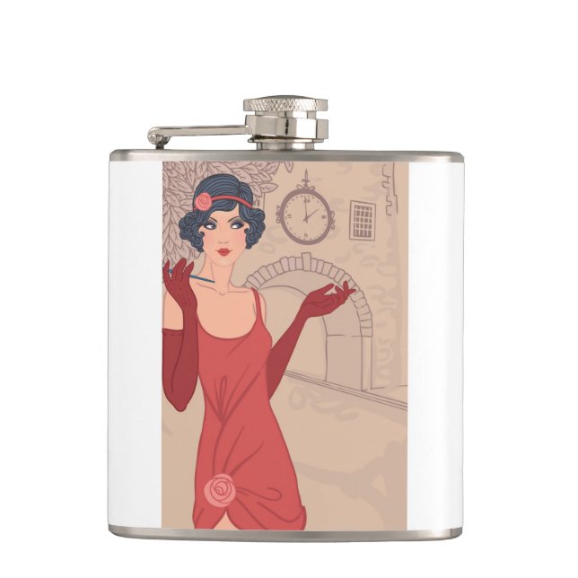 Illustrated Flapper Girl Hip Flask (Front)