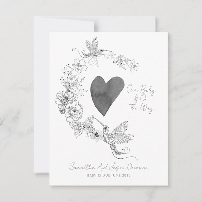 Illustrated Floral Heart Wreath Pregnancy Announcement (Front)