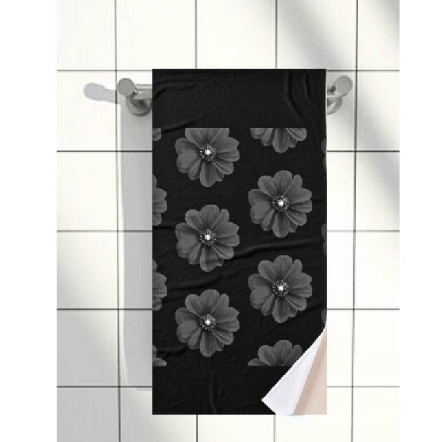"Illustrated Flower in Black Grey Pattern" Bath Towel (Creator Uploaded)