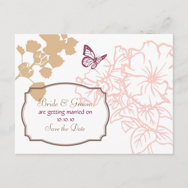 Illustrated Flowers & Butterfly Garden Wedding Announcement Postcard (Front)